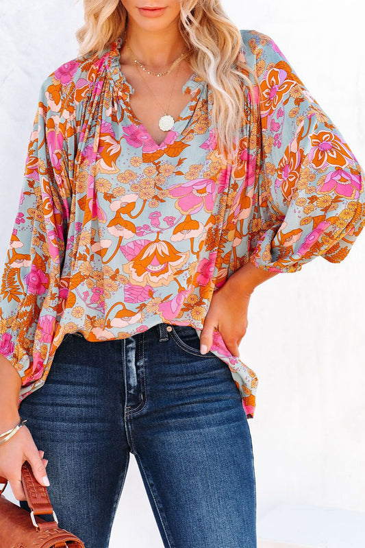Floral Print Loose Fit Ruched V Neck Blouse