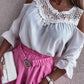 Lace Patchwork Cold Shoulder 3/4 Sleeve Blouse