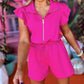Half Zip Ruffle Sleeve Drawstring Romper