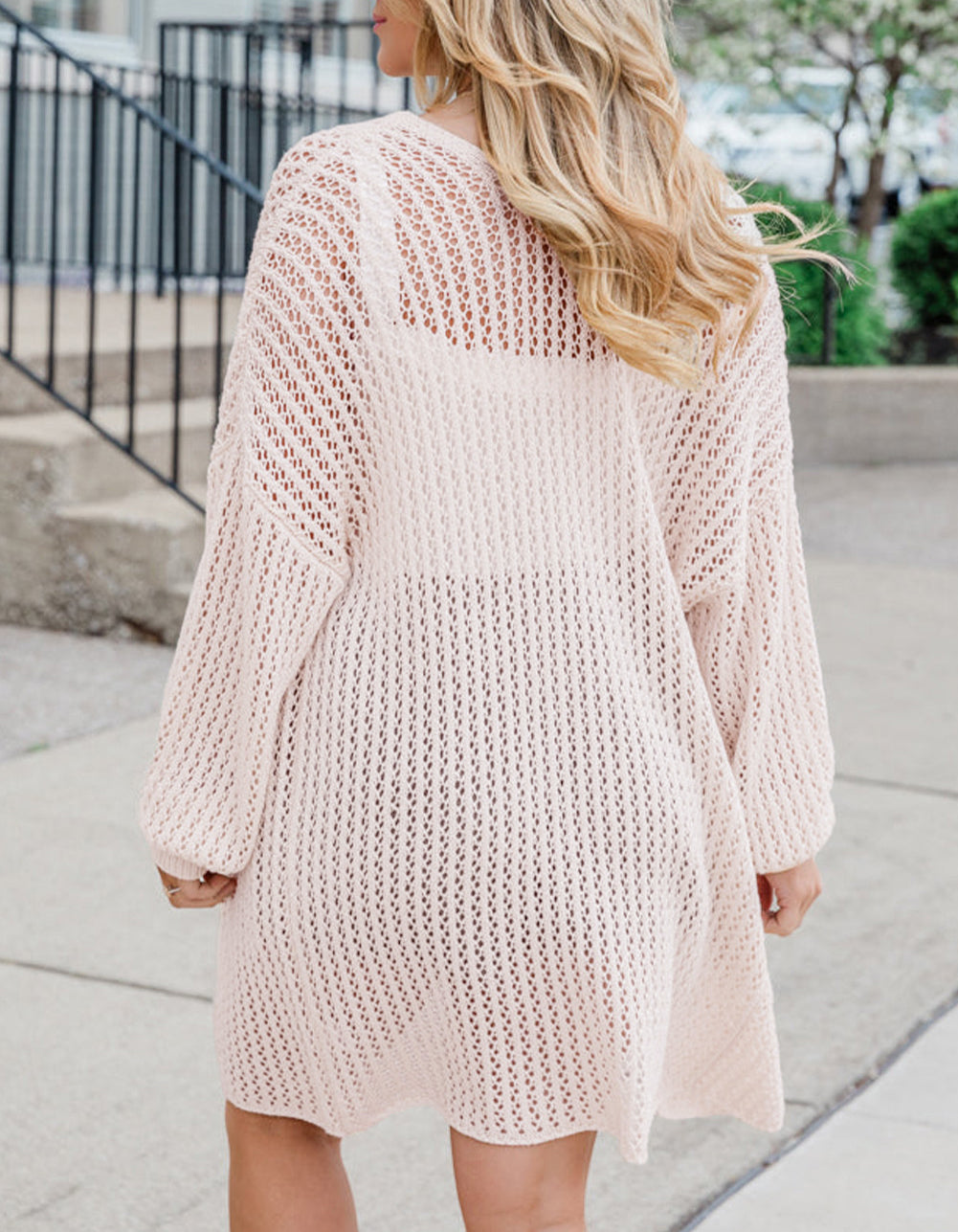 Hollowed Crochet Drop Shoulder Open Front Cardigan