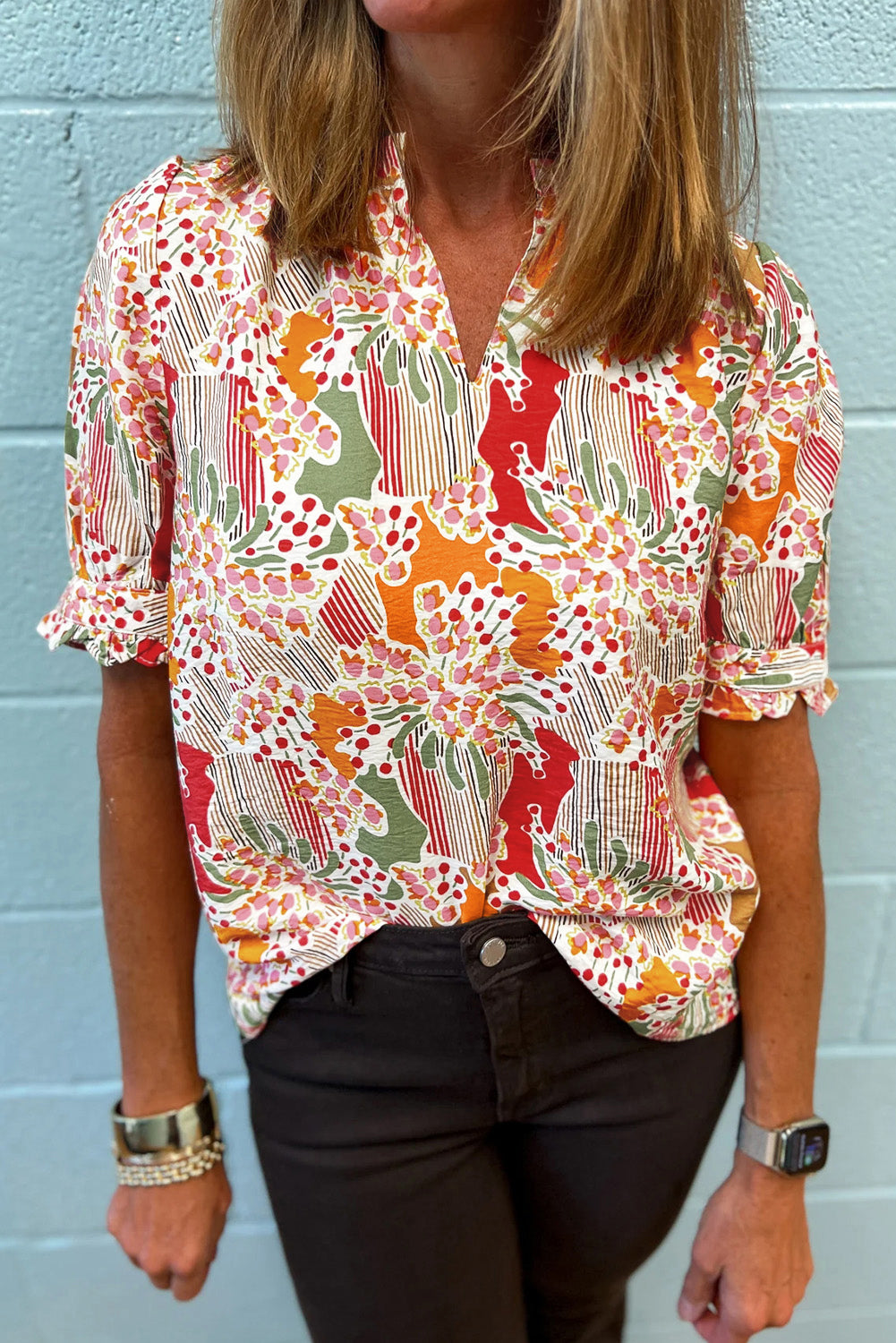 Floral Print Button Frilled Short Sleeve Blouse