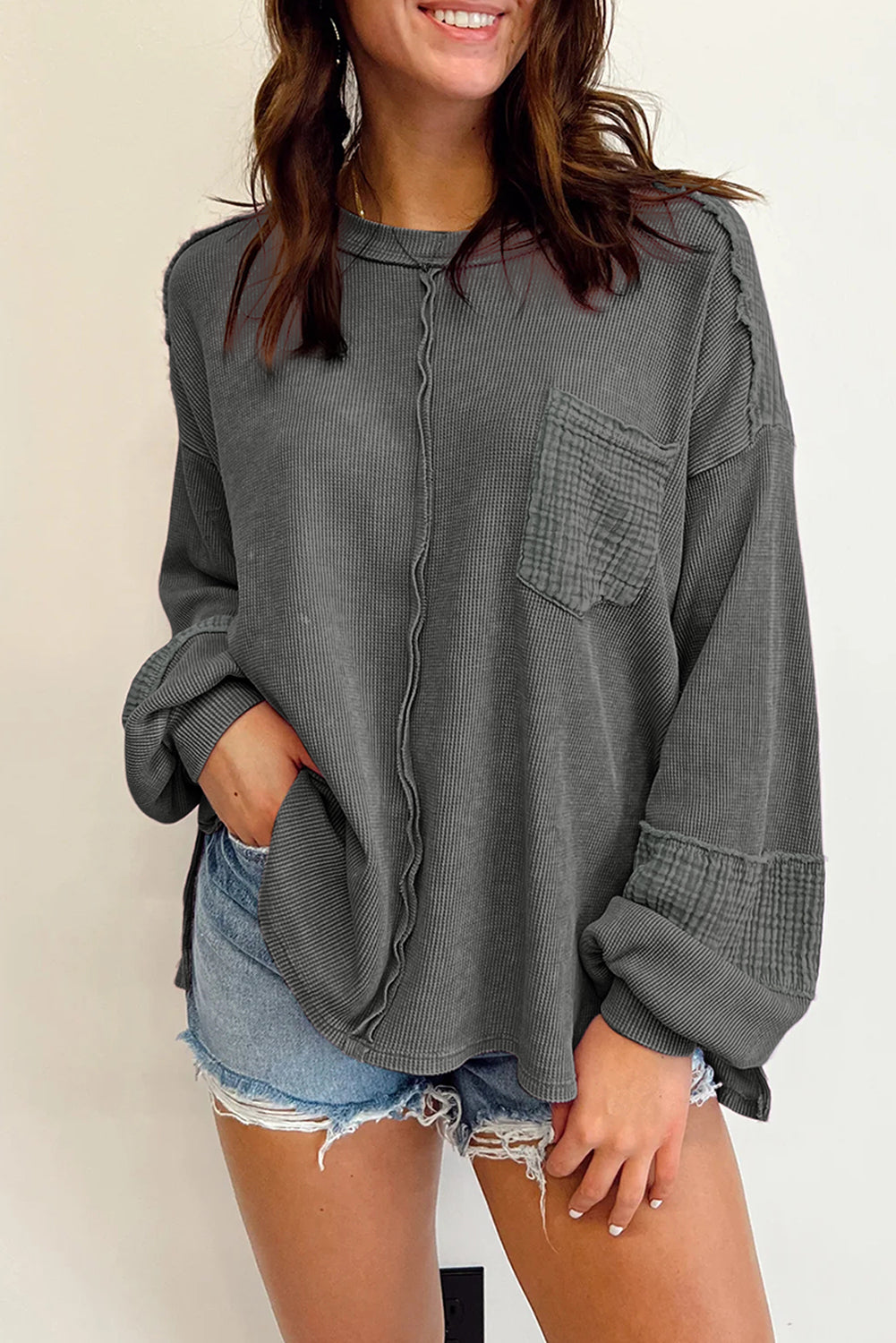 Exposed Seam Patchwork Bubble Sleeve Waffle Knit Top