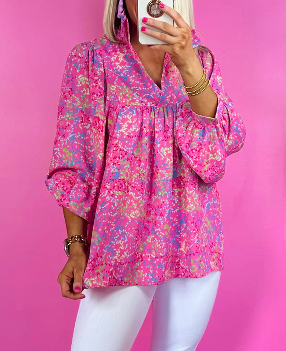 Abstract Print Collared V Neck Babydoll Blouse