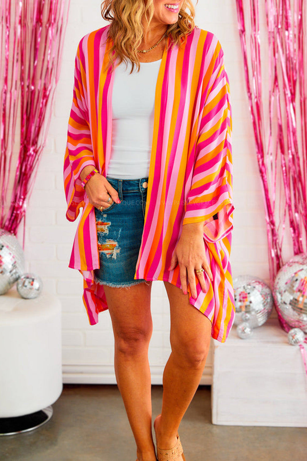 Stripe Wide Sleeve Open Front Kimono