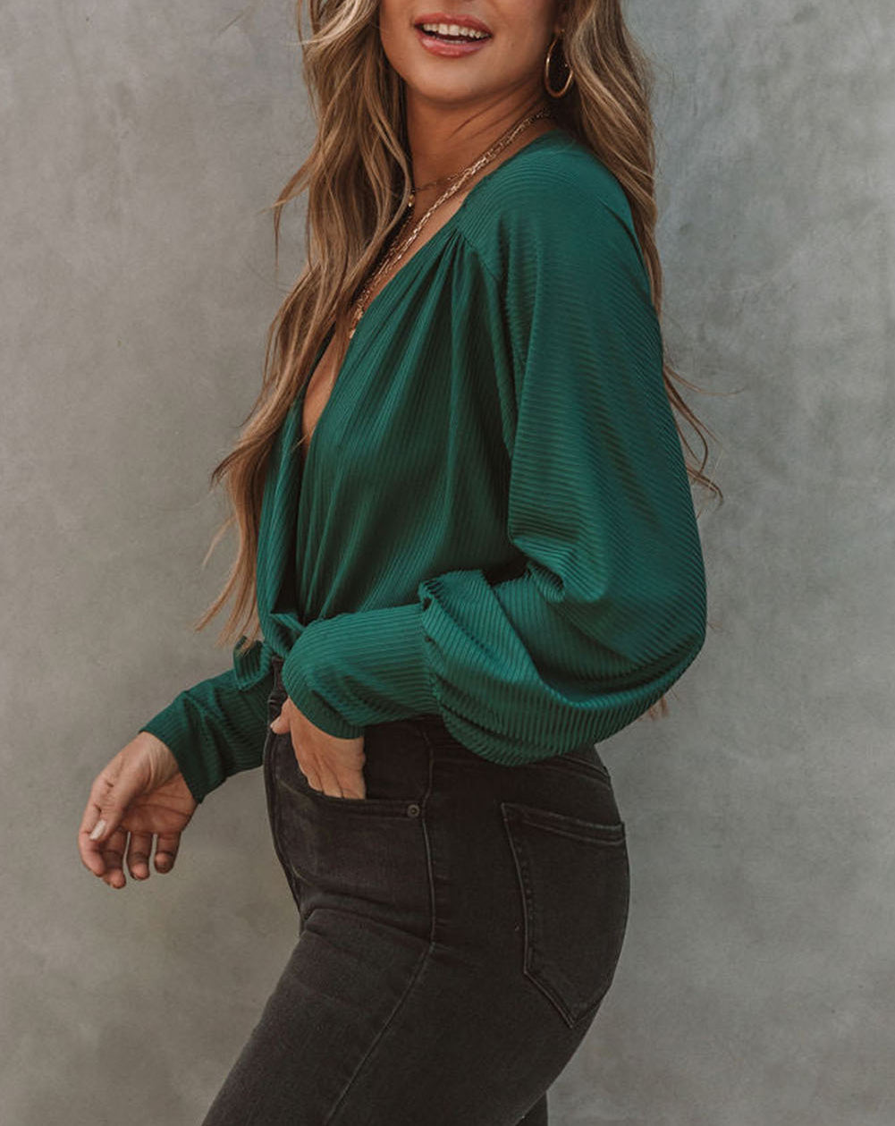 Ribbed Texture Drape Front V Neck Bodysuit