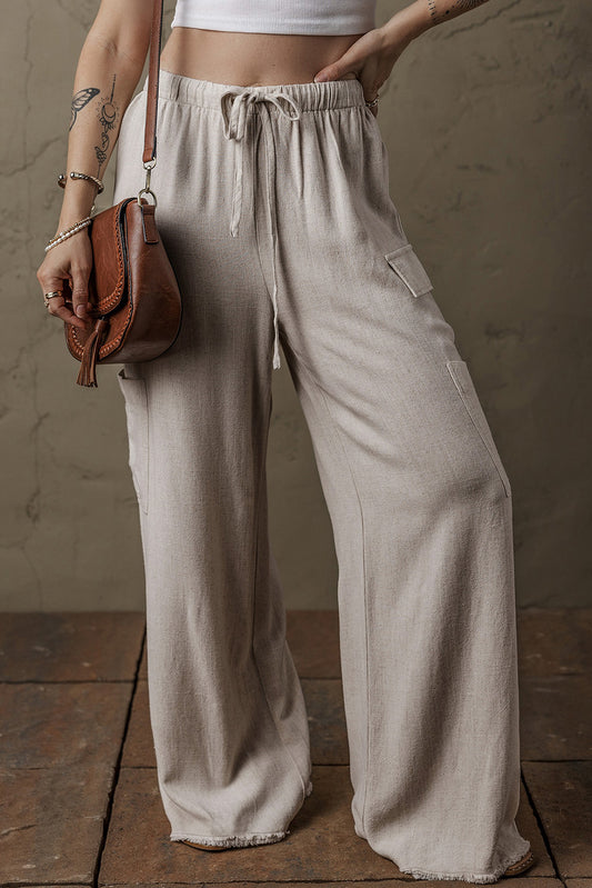 Linen Drawstring Waist Raw Edge Cargo Loose Pants