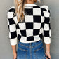 Two Tone Checkered Bubble Sleeve Knit Top