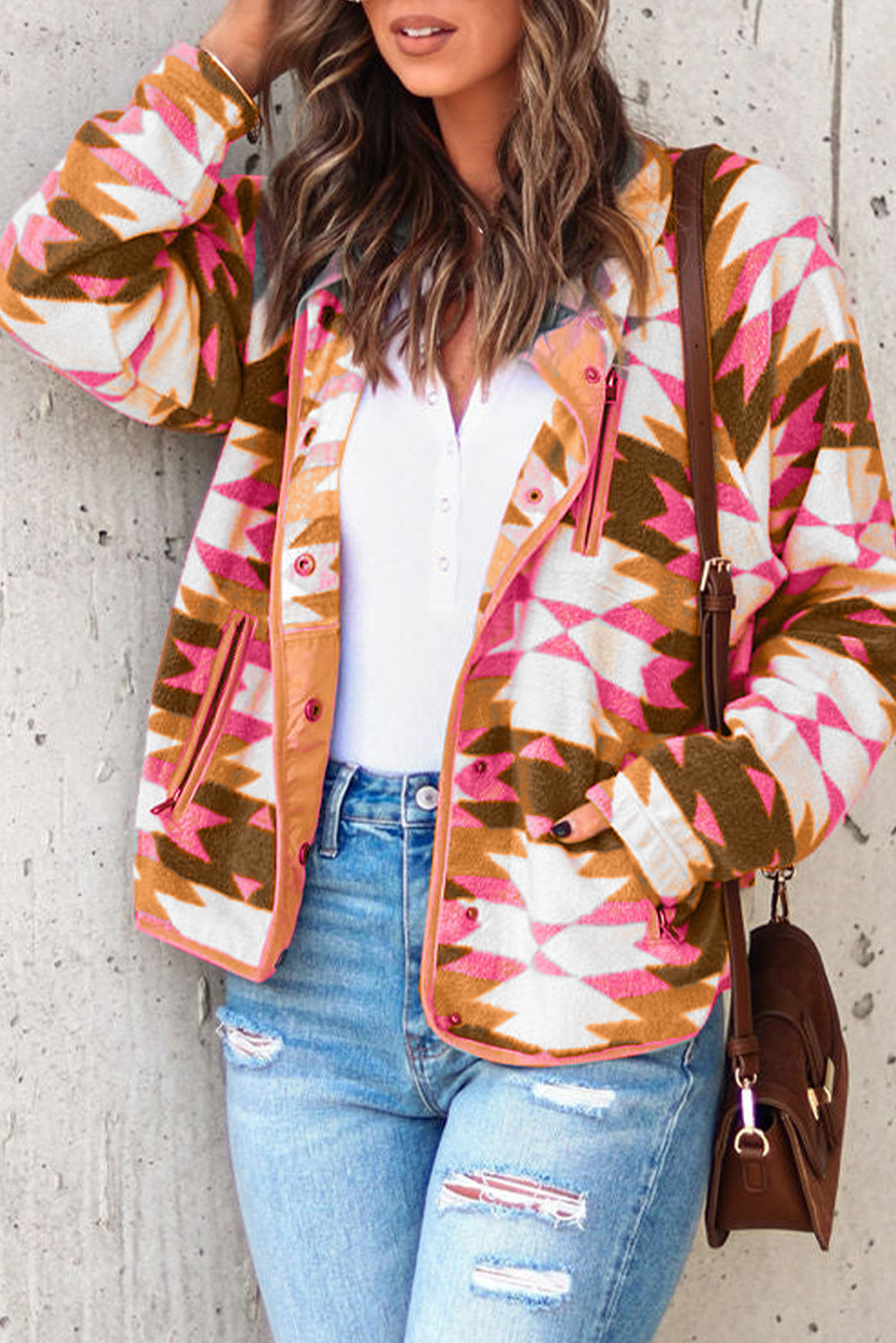 Western Aztec Buttoned Zipper Pockets Fleece Jacket