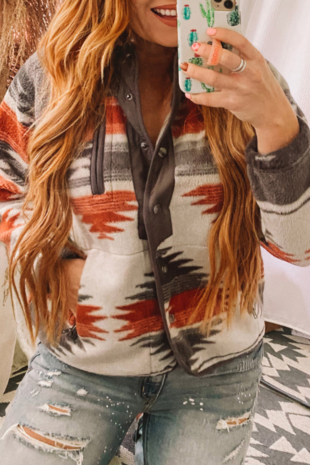 Aztec Print Stand Neck Snap Buttons Plus Size Jacket