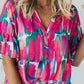 Abstract Brushwork Print Buttoned V Neck Blouse