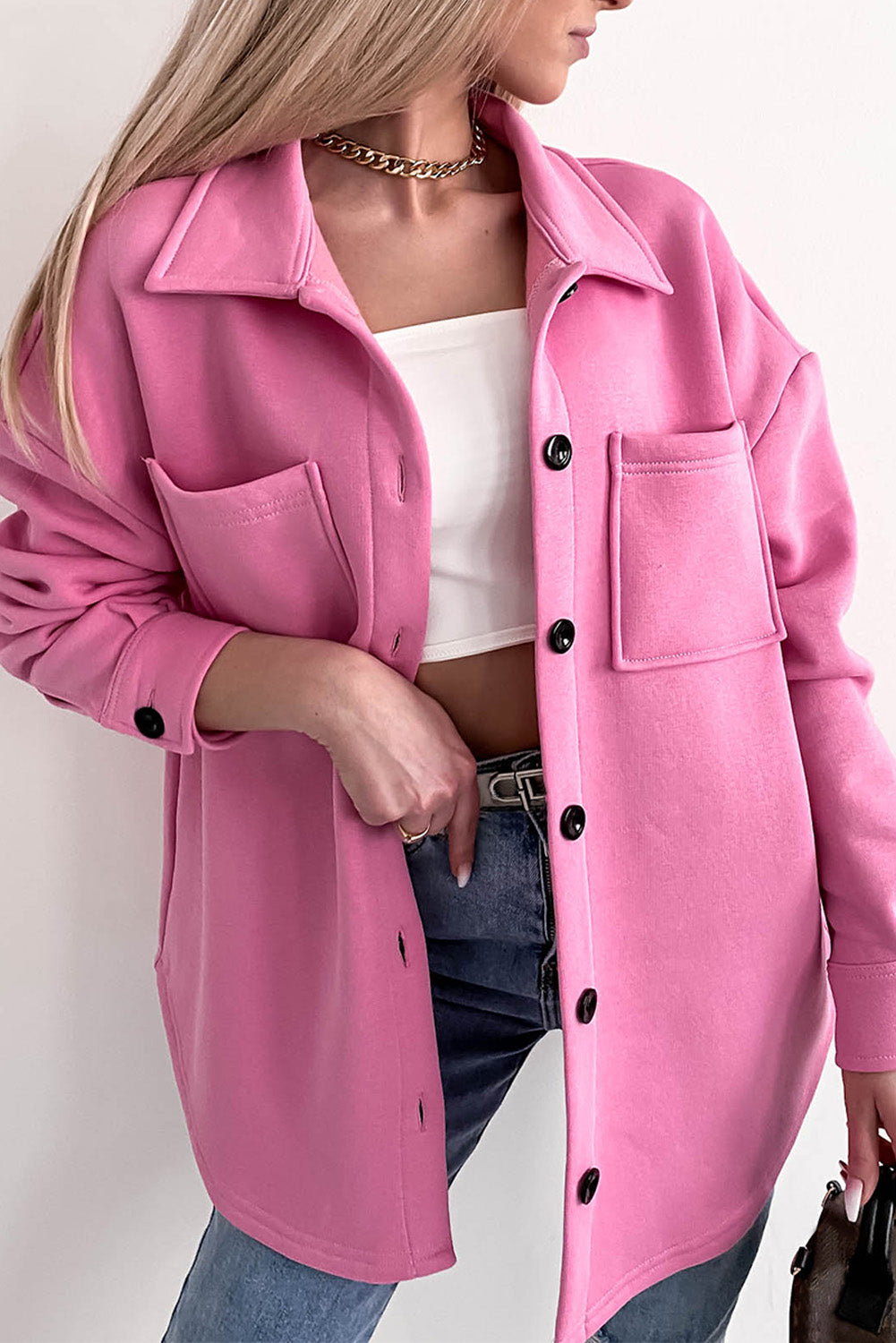 Solid Color Pocketed Button up Long Sleeve Shacket