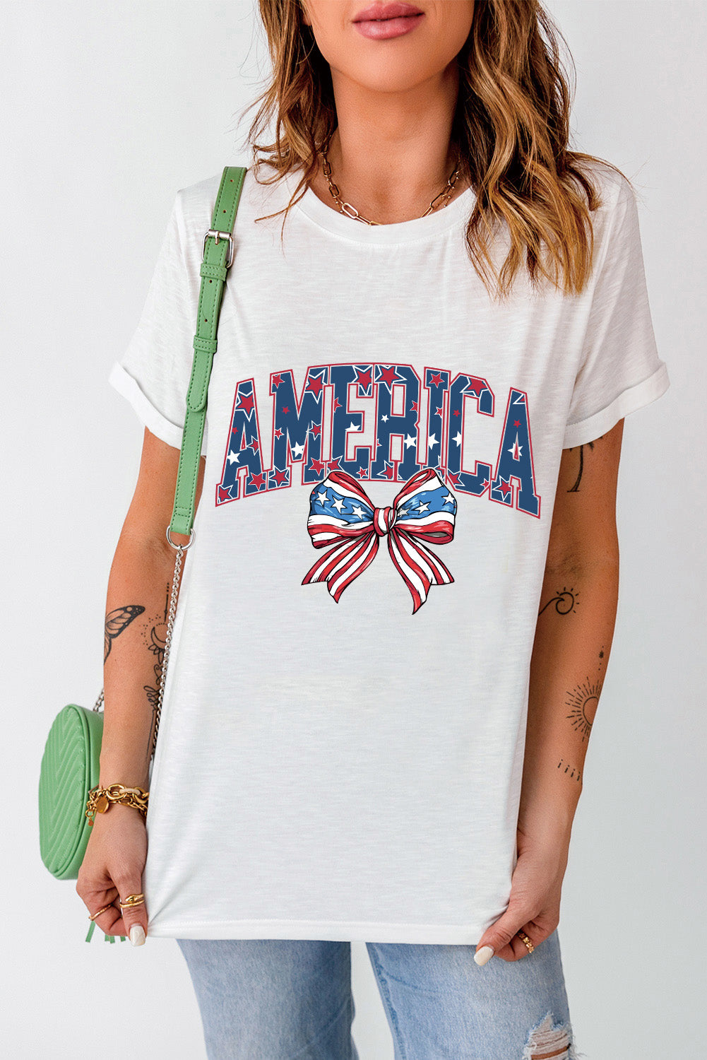 AMERICA Flag Bow Knot Print Round Neck Top