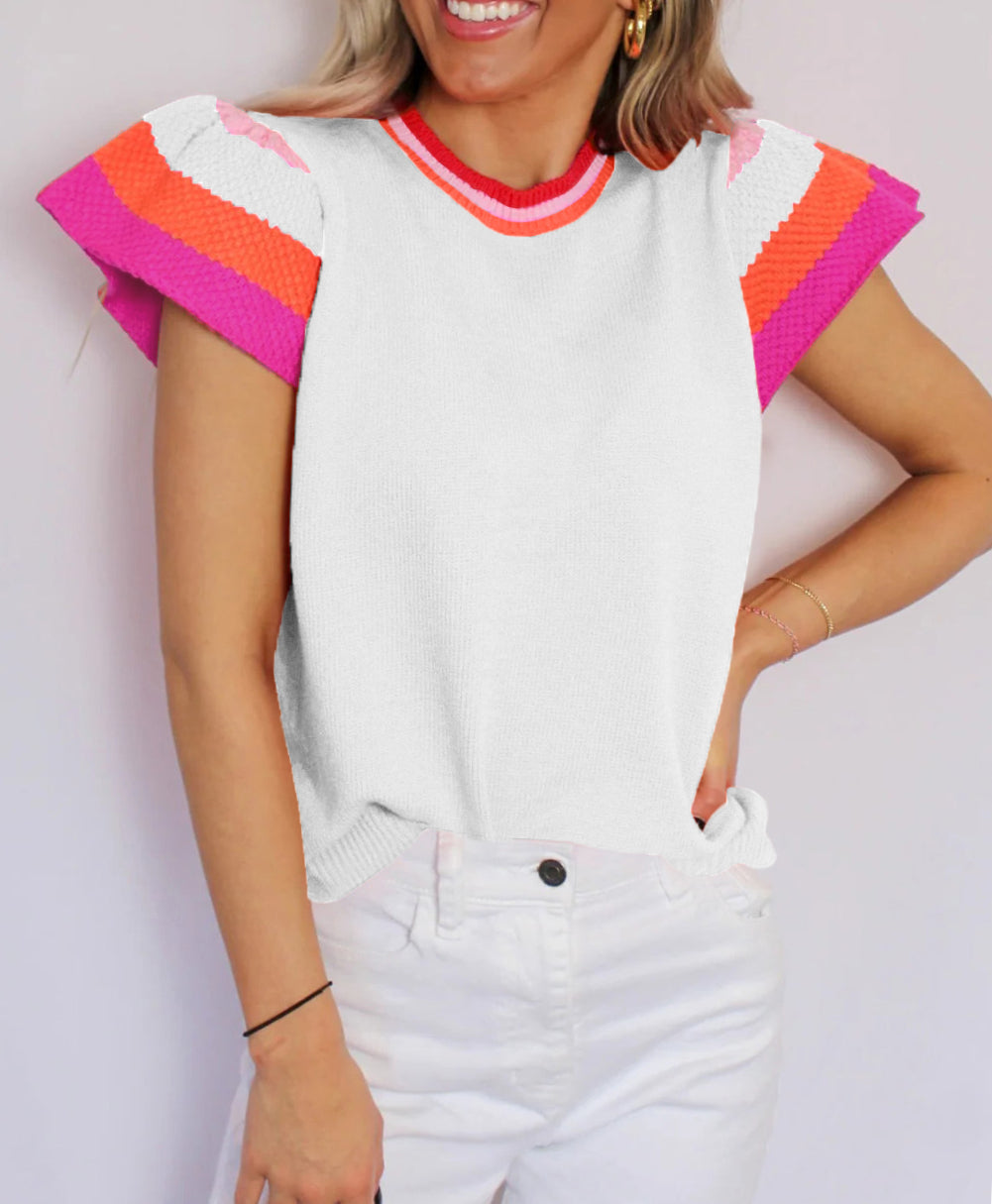 Contrast Flutter Sleeves Knitted Sweater T Shirt