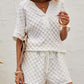 Textured Split Neck Top and Drawstring Shorts Set