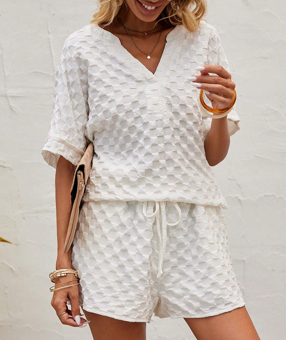 Textured Split Neck Top and Drawstring Shorts Set