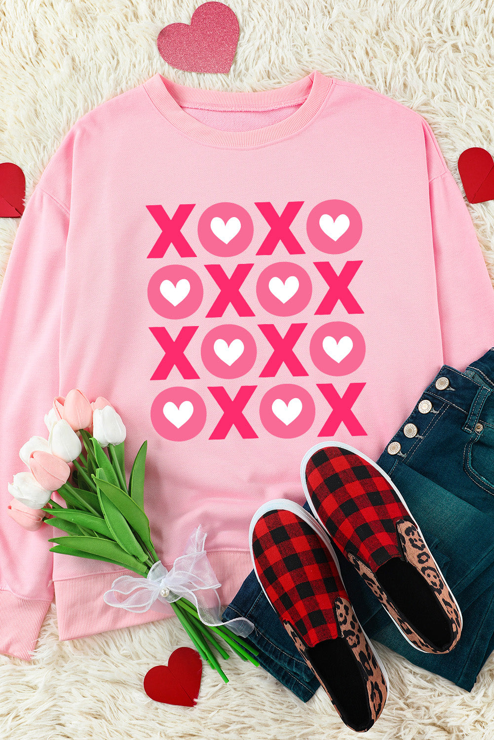 XOXO Heart Print O Neck Drop Shoulder Sweatshirt