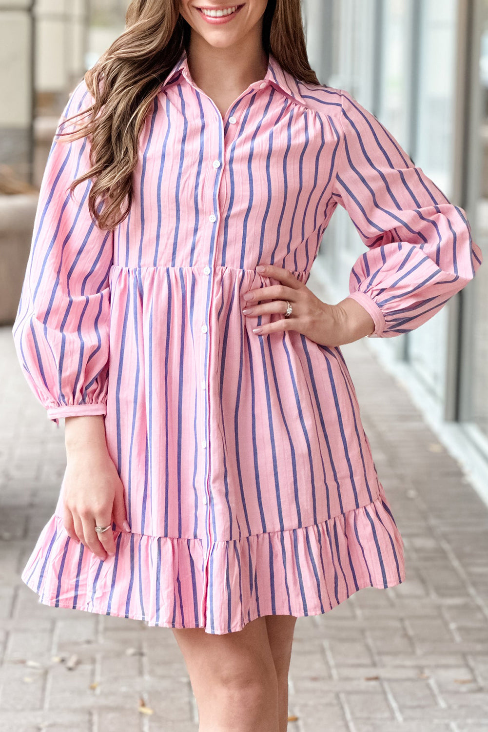 Stripe Ruffled Hem Button-up Collared Shirt Mini Dress