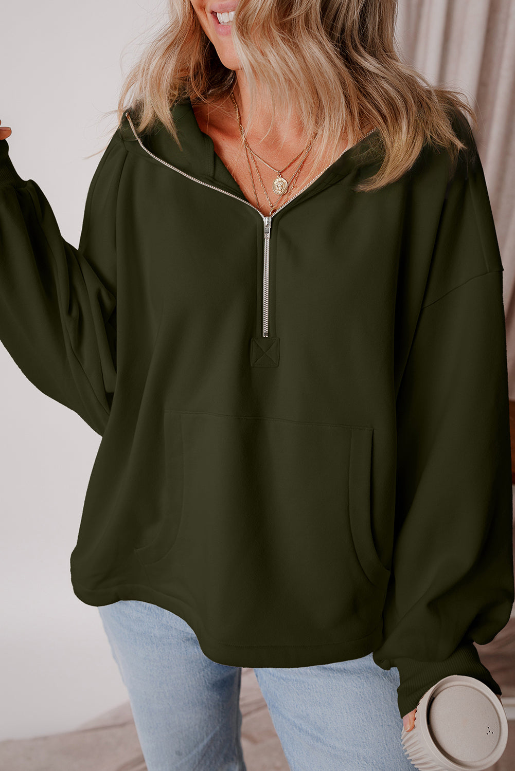 Fleece Lined Half Zipper Kangaroo Pockets Loose Hoodie