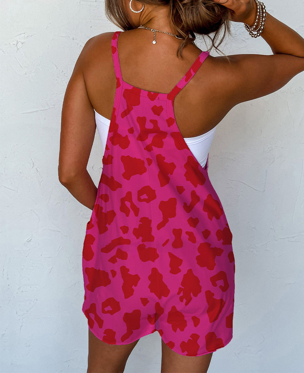 Leopard Pocketed V Neck Sleeveless Romper