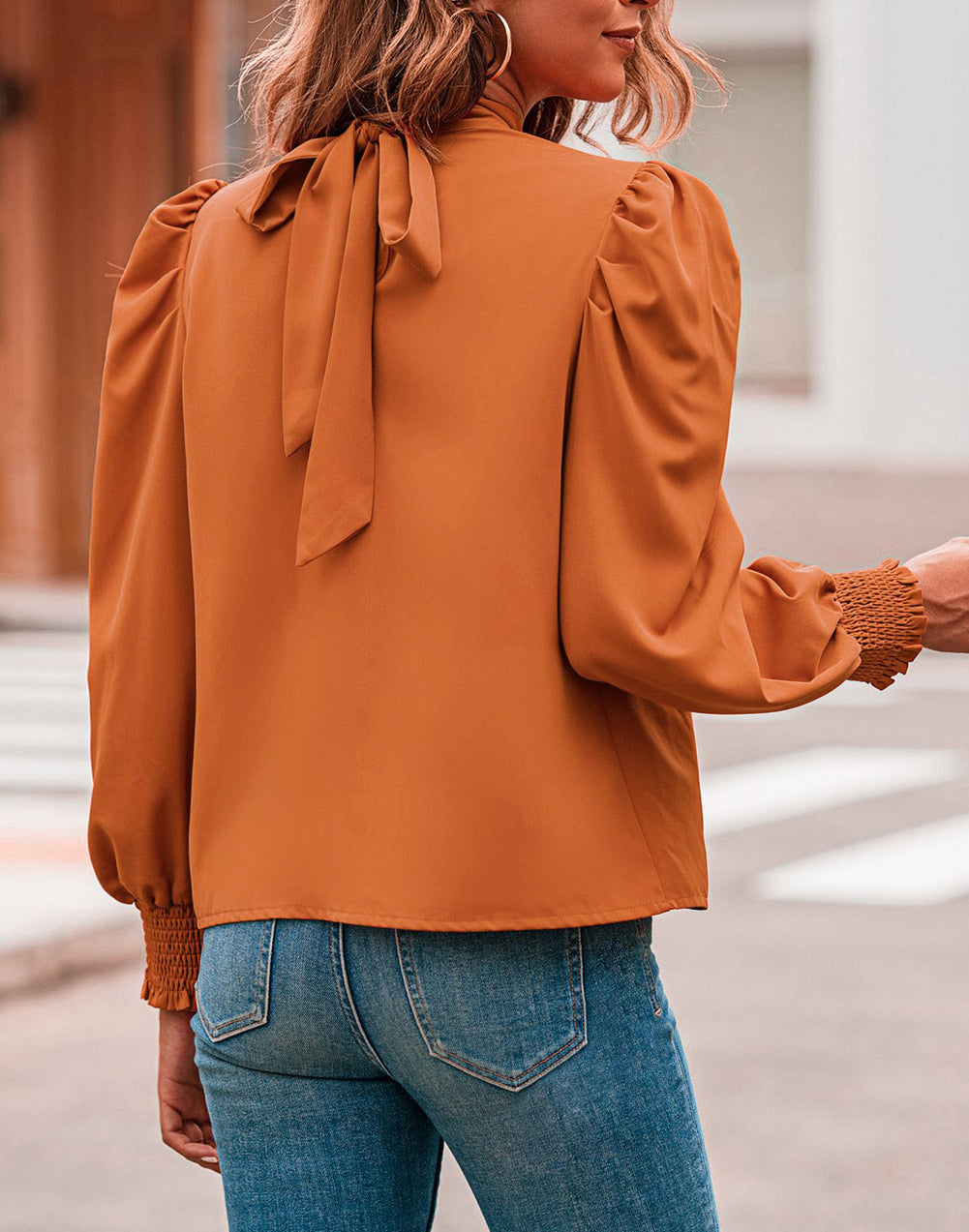 Long Bubble Sleeve Mock Neck Chiffon Top