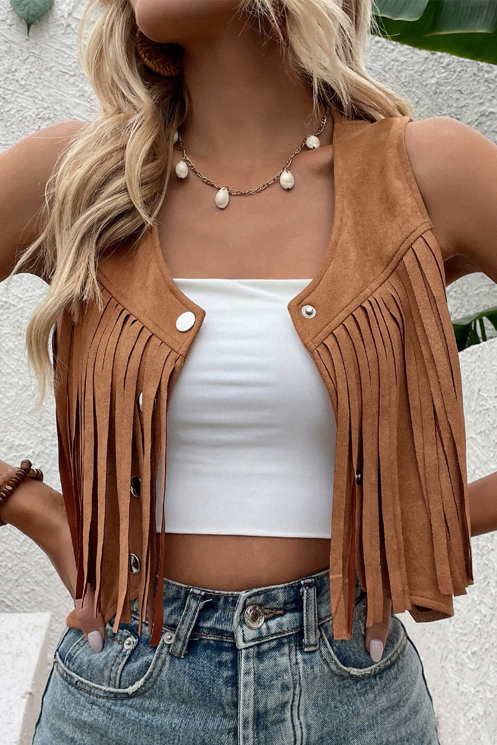 Fringed Snap Button Front Suedette Vest