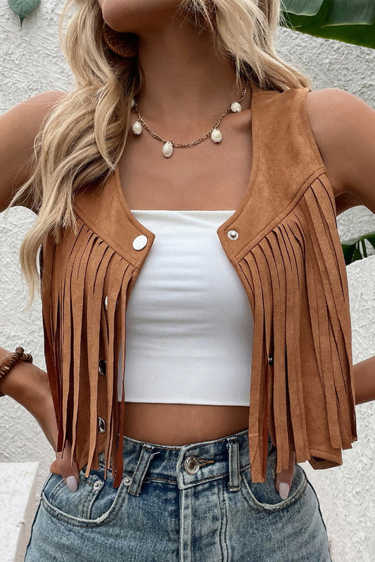 Fringed Snap Button Front Suedette Vest