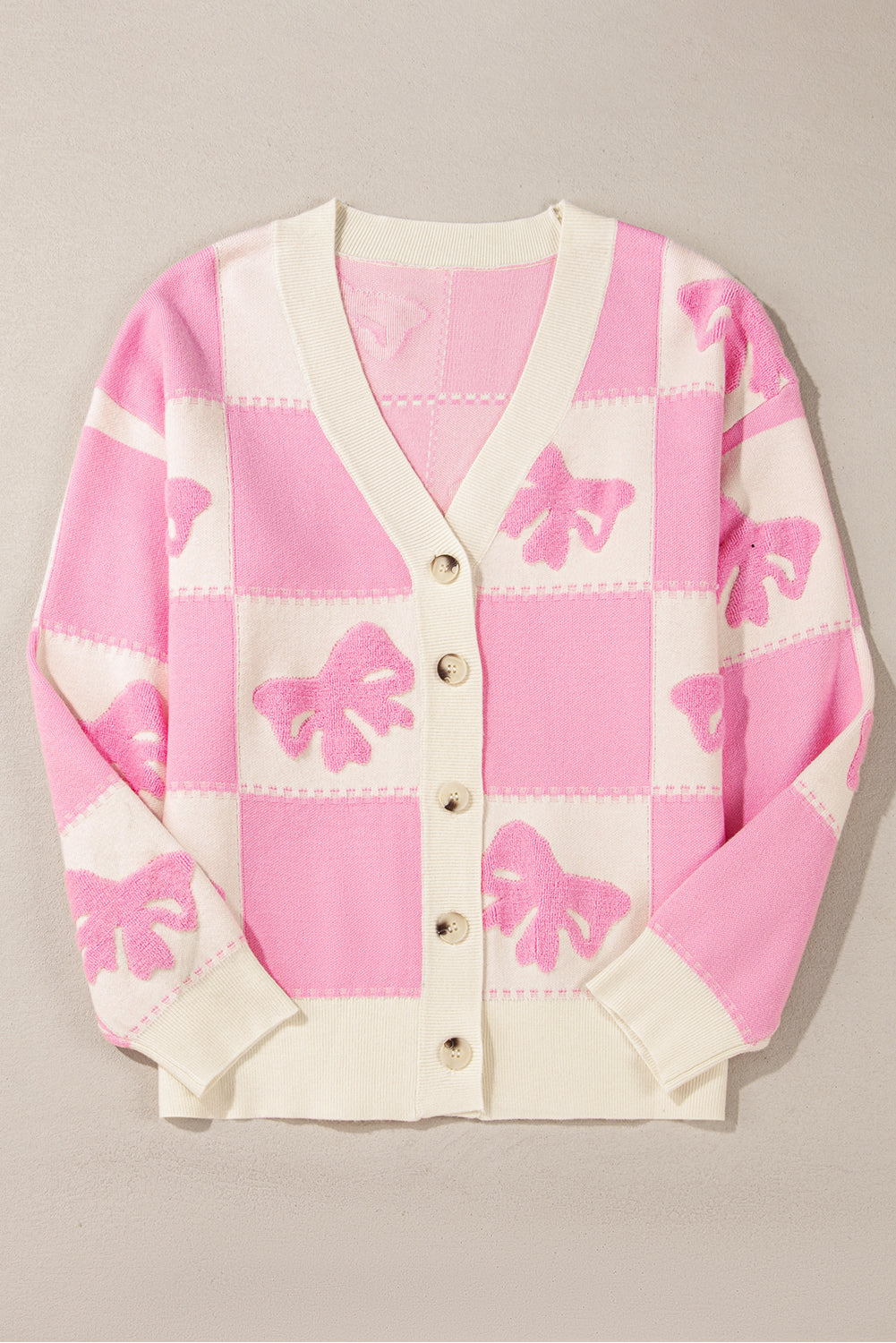 Bowknot Checkered Pattern V Neck Drop Shoulder Button Up Cardigan