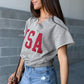 USA Lettering Patch Notched Neck Loose Tee