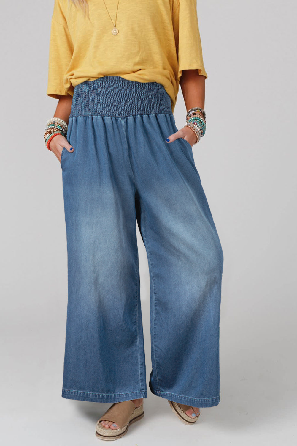 Smocked Waist Wide Leg Jeans