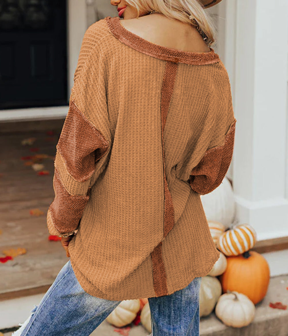 Contrast Patched Exposed Seam Waffle Knit Henley Top