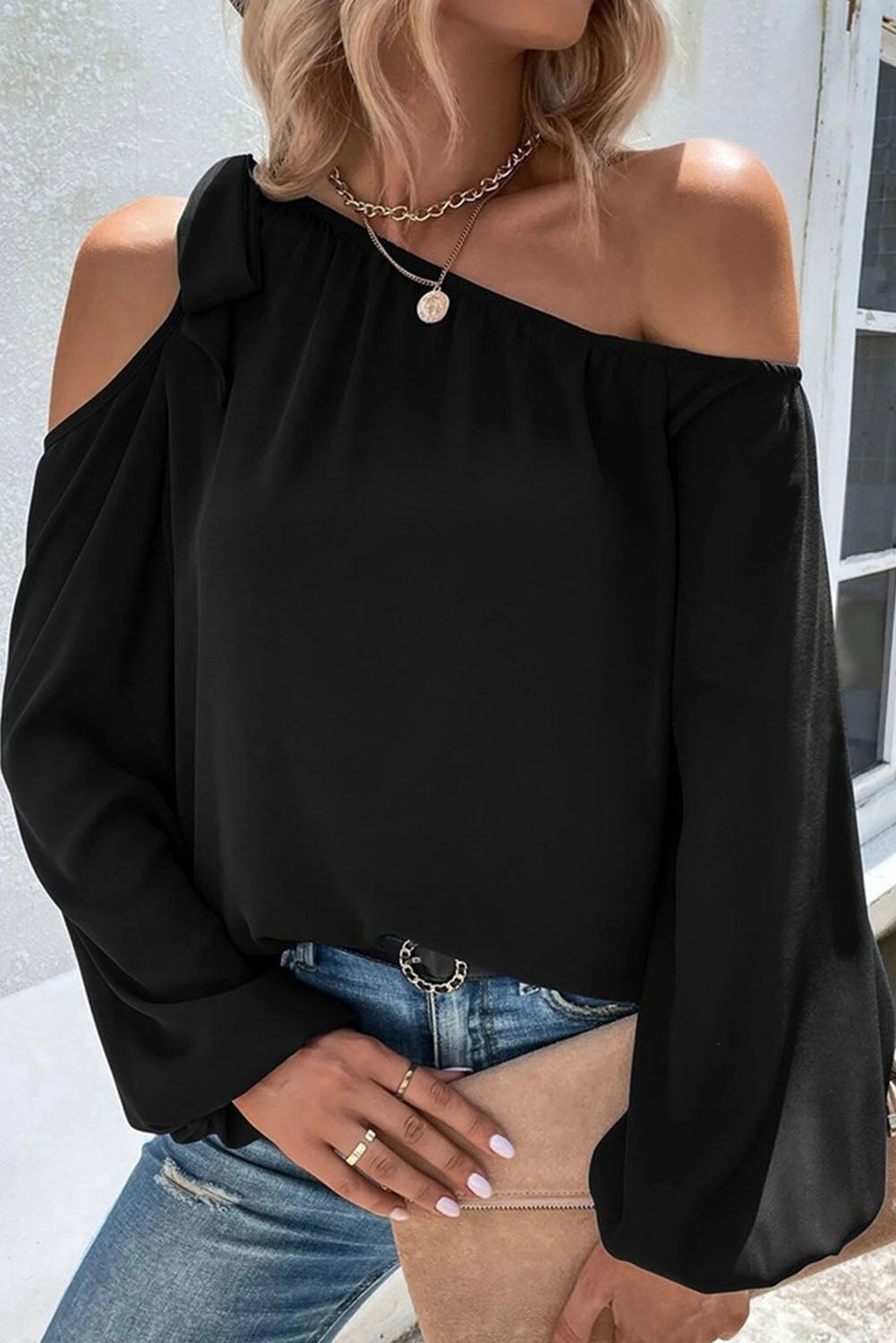 Knotted Asymmetric Off Shoulder Blouse