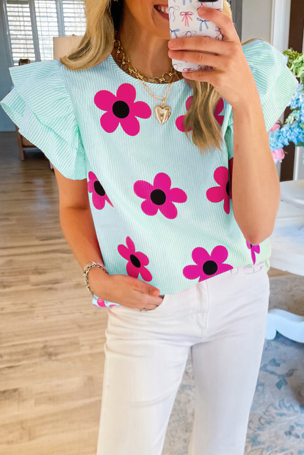 Floral Print Ruffled Flutter Sleeve Blouse