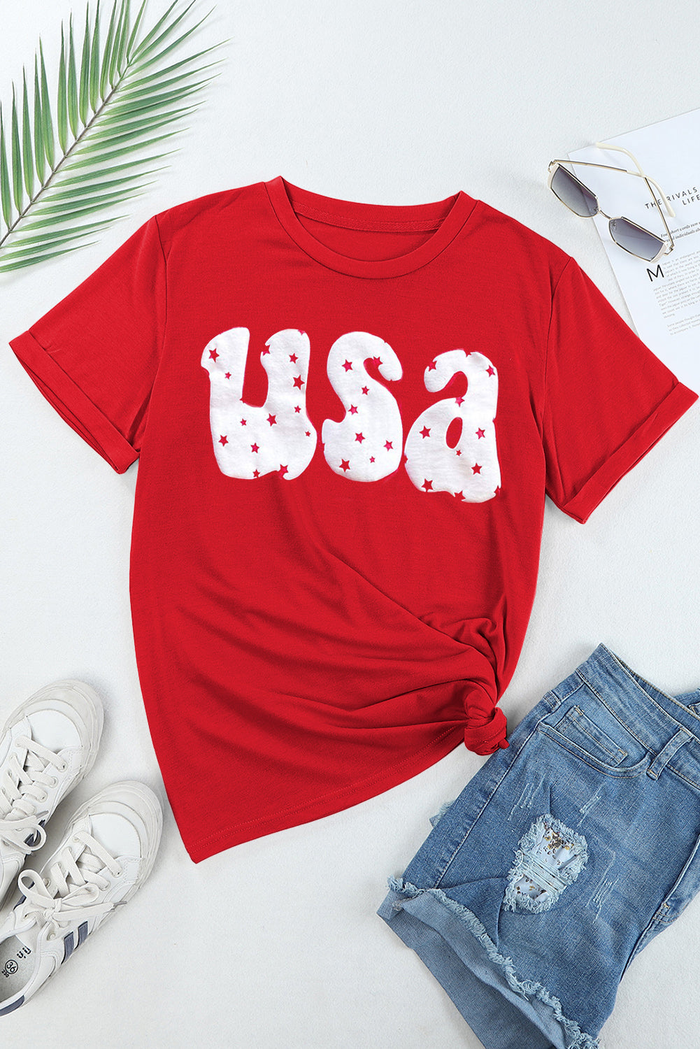 USA Stars Print Round Neck Casual Tee