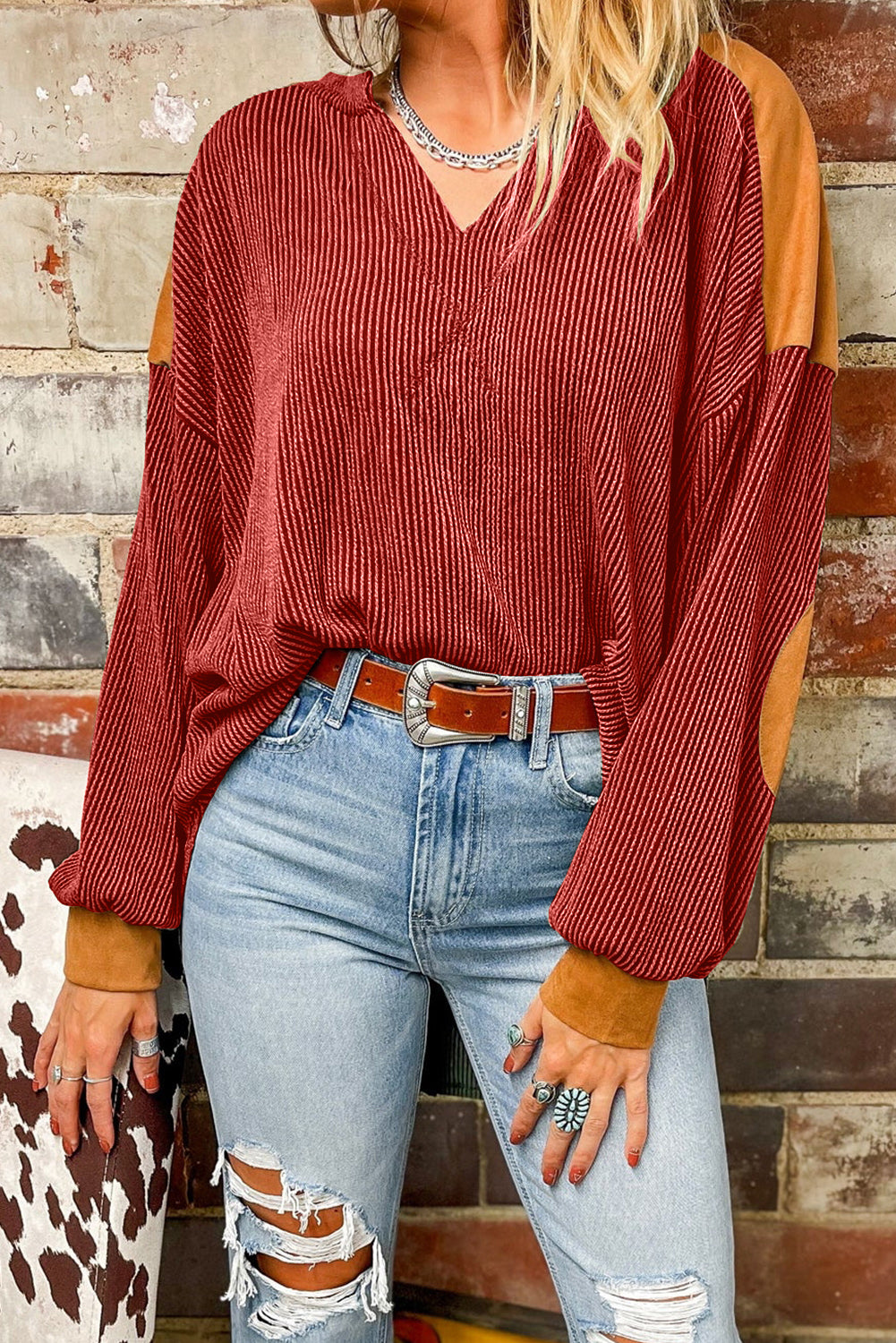 Contrast Patchwork V Neck Corded Top