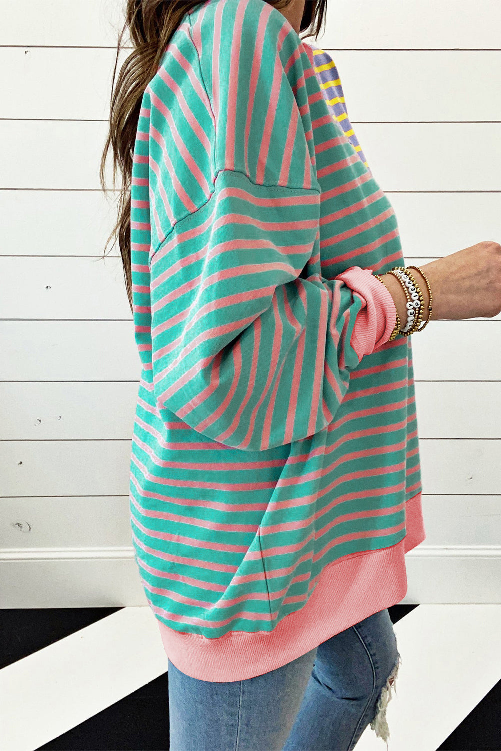 Stripe Colorblock Drop Shoulder Oversize Sweatshirt