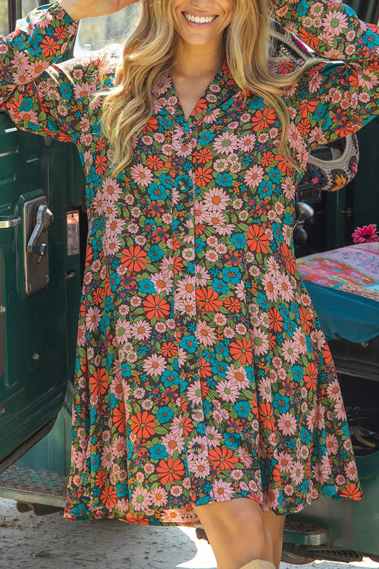 Vibrant Floral Print Lapel Collar Button Closure Shirt Dress