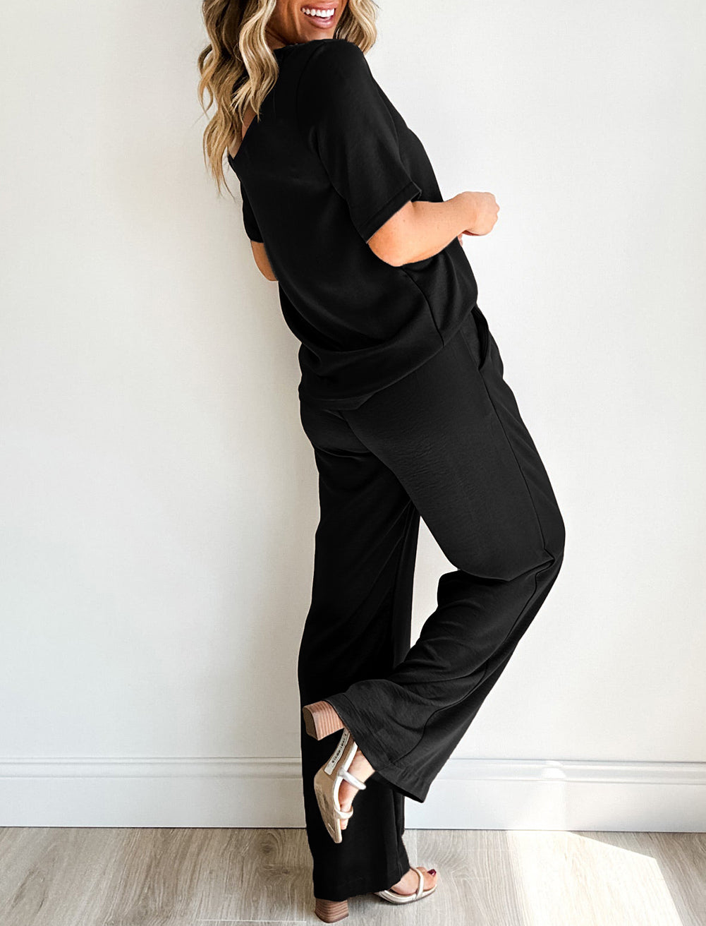 Solid Color T Shirt 2pcs Wide Leg Pants Set