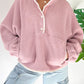 Fushia Stand Neck Half Button Zip Pocket Plush Sweatshirt