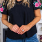 Floral Embroidered Bubble Sleeve Frill V Neck Top