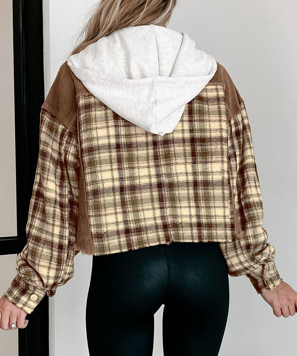 Plaid Patchwork Distressed Hooded Cropped Jacket