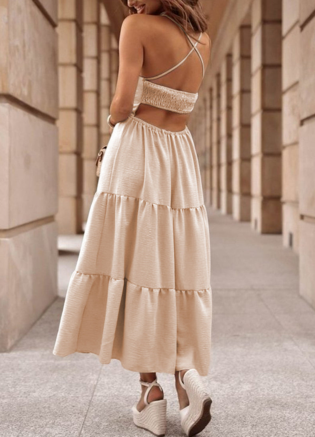 Crossover Backless Bodice Tiered Maxi Dress