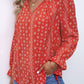 Printed Long Sleeve V-Neck Drawstring Shirt