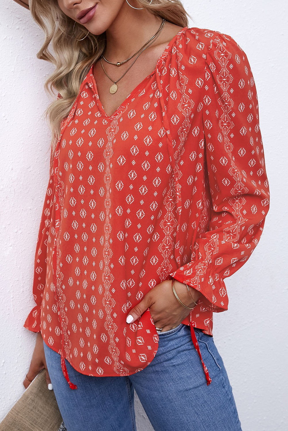 Printed Long Sleeve V-Neck Drawstring Shirt