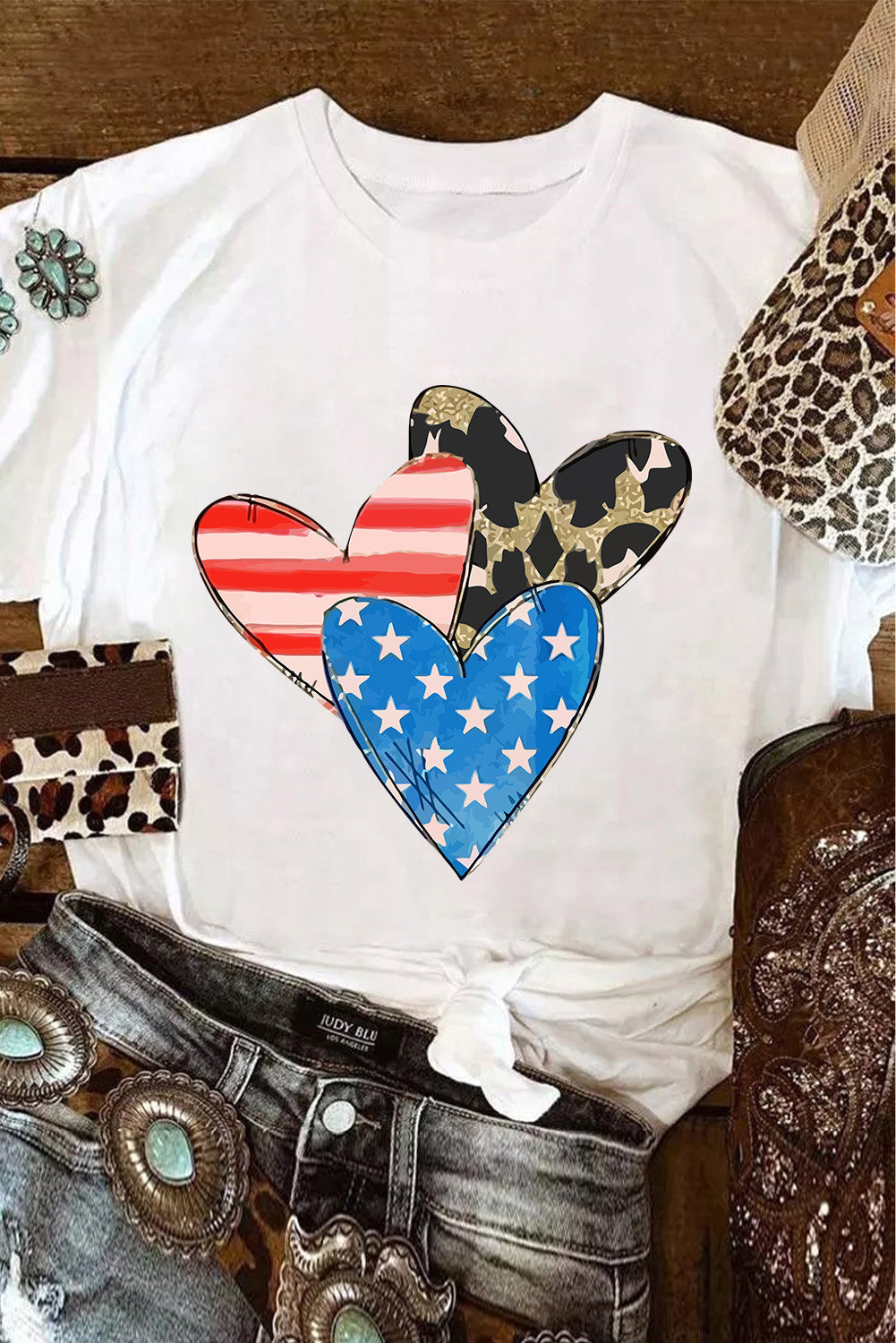 Stars Stripe Leopard Heart Shape Graphic T Shirt