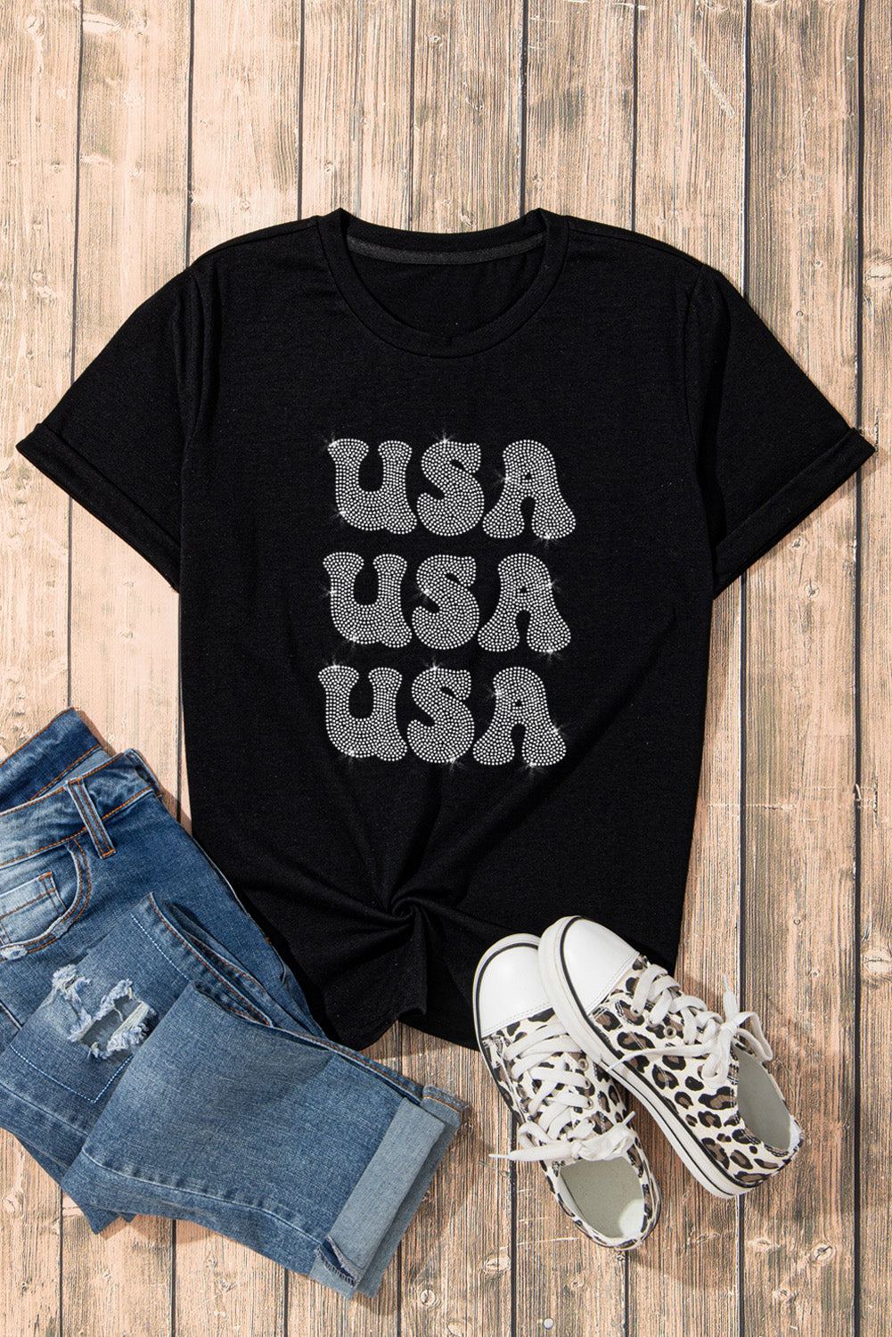 Rhinestone USA Graphic Crewneck T Shirt