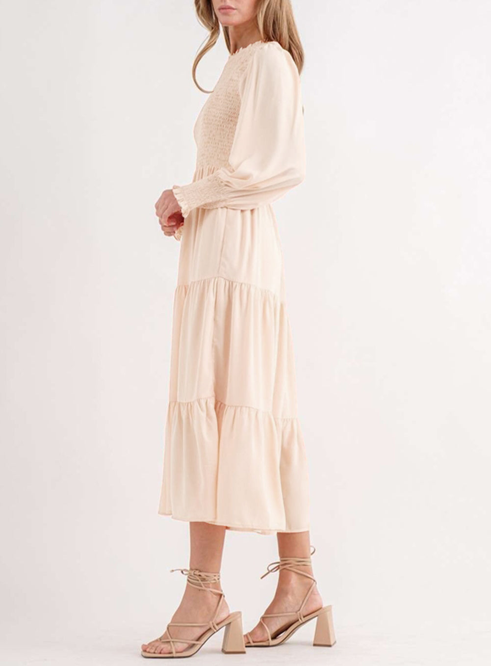 Smocked Bubble Sleeve Ruffle Tiered Midi Dress