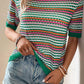 Striped Pattern Contrast Trim Pointelle Knit T Shirt