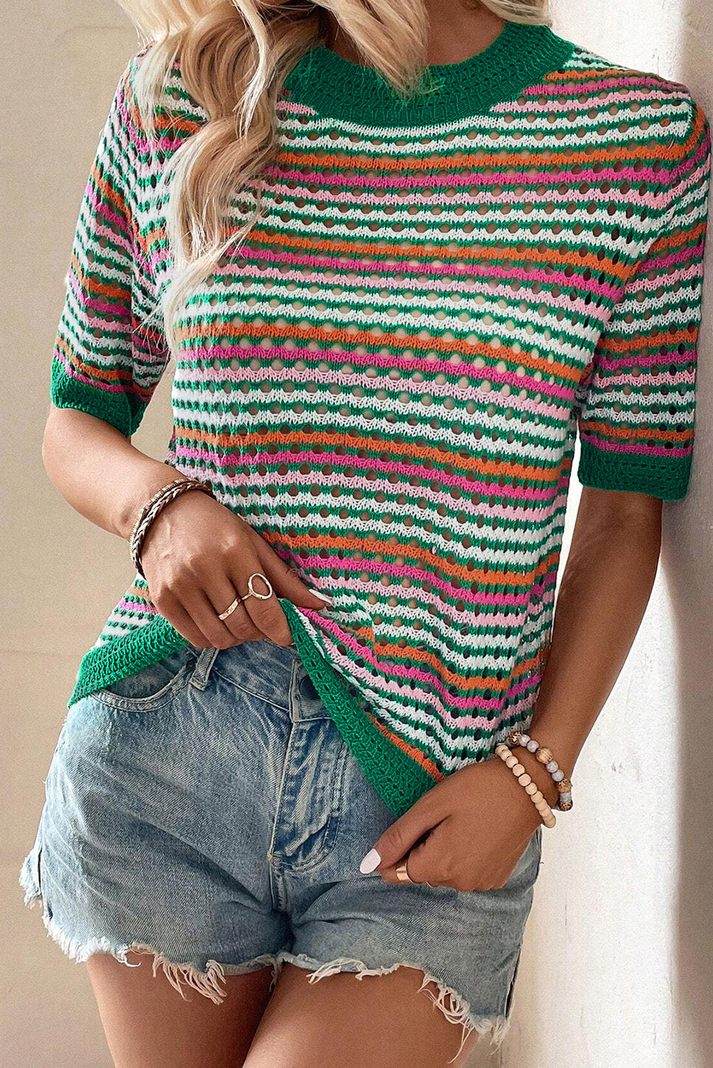 Striped Pattern Contrast Trim Pointelle Knit T Shirt