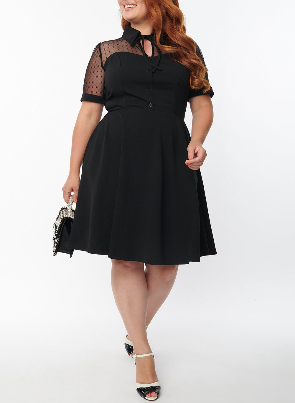 Black Plus Size Collared Mesh Yoke Fit Flare Dress