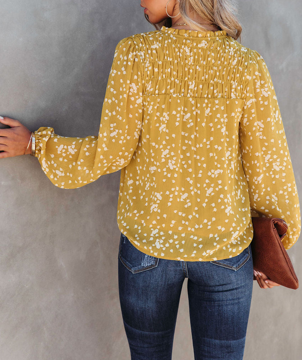 Split Neck Fall Printed Crinkled Blouse